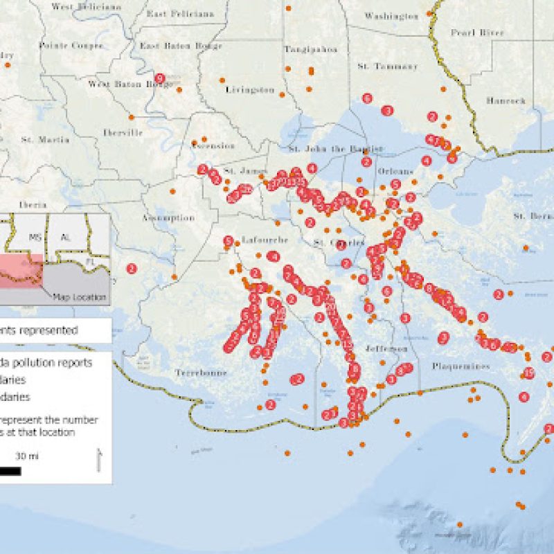 Coastal map showing locations of reported chemical spills.