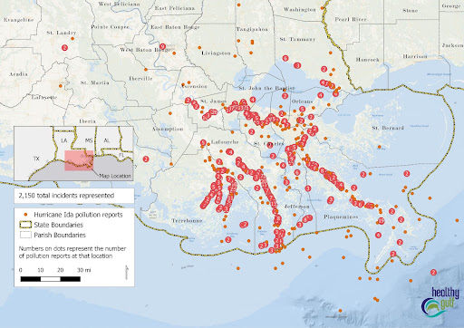 Coastal map showing locations of reported chemical spills.