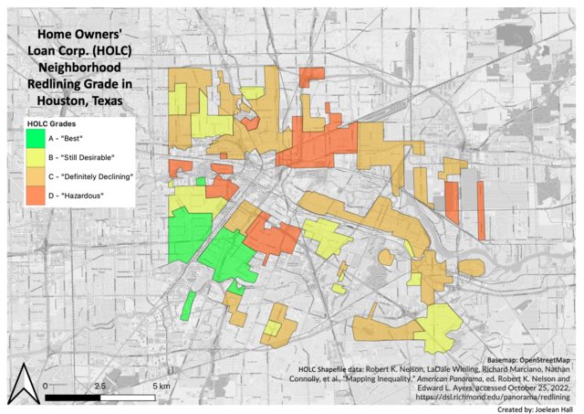 Map of redlined neighborhoods in Houston produced by the Home Owners' Loan Corp