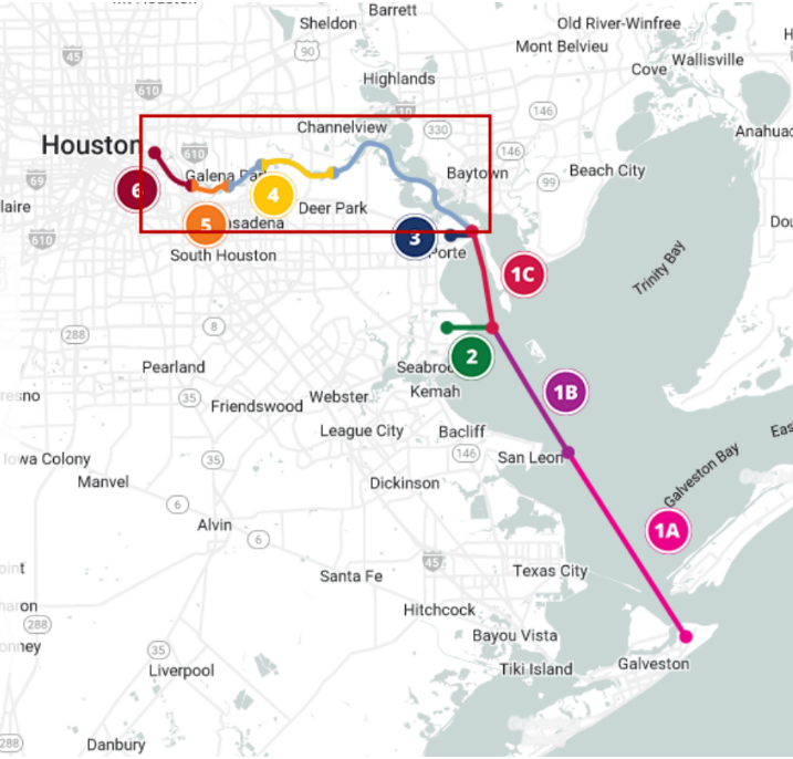 Map of the Houston Ship Channel with highlighted section indicating area to be dredged for Project 11.