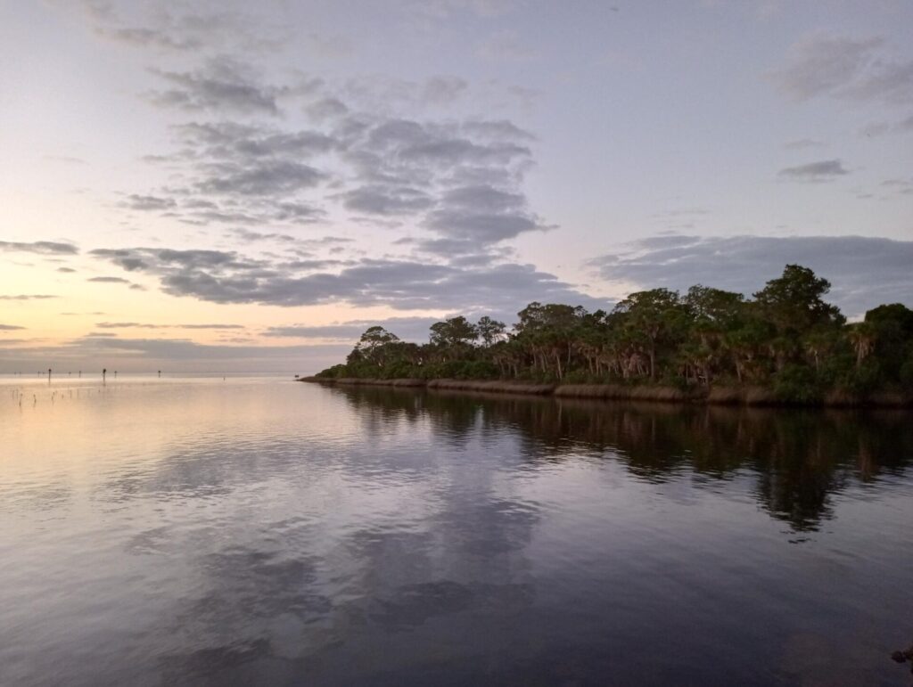 Sunset view of Bayport, FL with water and palms.
